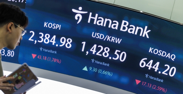 An electronic board showing the Korea Composite Stock Price Index at a dealing room of the Hana Bank headquarters in Seoul on Monday. (Yonhap)