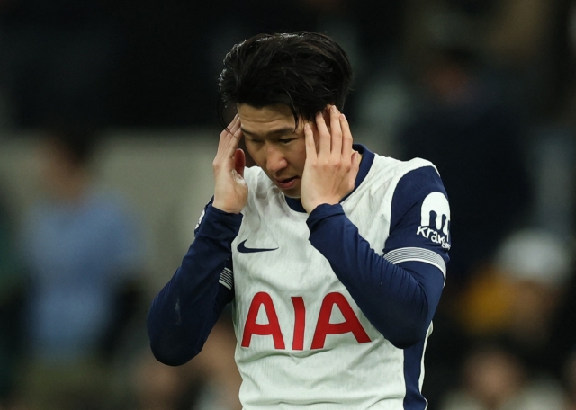 In this Action Images photo via Reuters, Son Heung-min of Tottenham Hotspur reacts to his club's 4-3 loss to Chelsea in a Premier League match at Tottenham Hotspur Stadium in London on Sunday. (Yonhap)