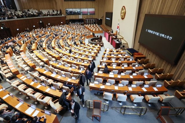 Opposition lawmakers unanimously vote in favor of the motion to impeach President Yoon Suk Yeol, while the ruling People Power Party boycotts the vote at the National Assembly on Saturday. The vote followed Yoon's martial law declaration on December 3, which was lifted by the National Assembly six hours later. (Yonhap)