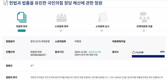 On the National Assembly’s e-petition board, there is an ongoing petition calls for the forced dissolution of the ruling party via a Constitutional Court trial. (National Assemblt petition site)