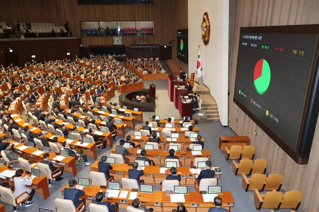 The National Assembly approves of budget for 2025 during a plenary session on Tuesday. (Yonhap)