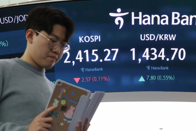 An electronic board showing the Korea Composite Stock Price Index at a dealing room of the Hana Bank headquarters in Seoul on Wednesday. (Yonhap)