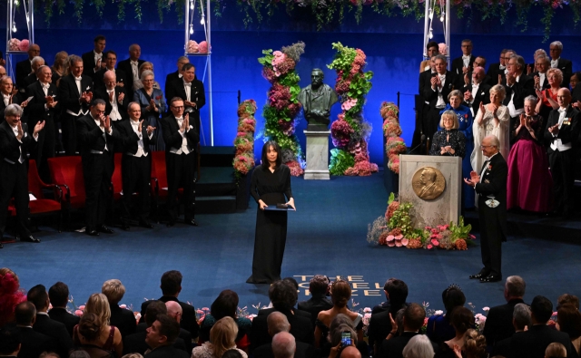 Nobel Prize in literature laureate and South Korean writer Han Kang poses after receiving the award during the Nobel Prize award ceremony at the Concert Hall in Stockholm, Tuesday. (AFP-Yonhap)