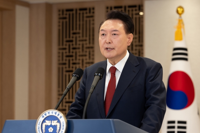 President Yoon Suk Yeol speaks during an address to the nation in his office on Thursday. (Presidential office)