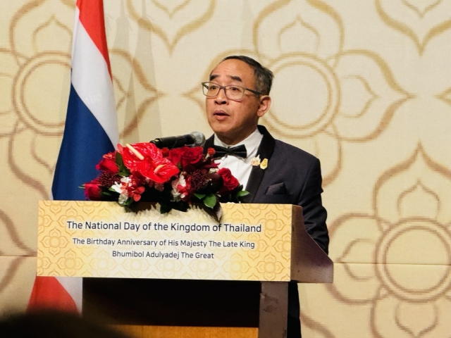 Thai Ambassador to Korea Tanee Sangrat speaks at Thai National Day event at Lotte Hotel, Seoul on December 5. (Sanjay Kumar/ The Korea Herald)