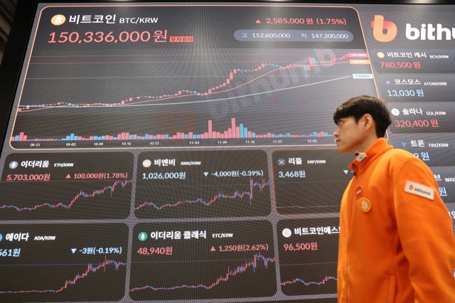 A screen shows bitcoin trading at around 150 million won at local crypto exchange Bithumb's headquarters in southern Seoul on Monday. (Yonhap)