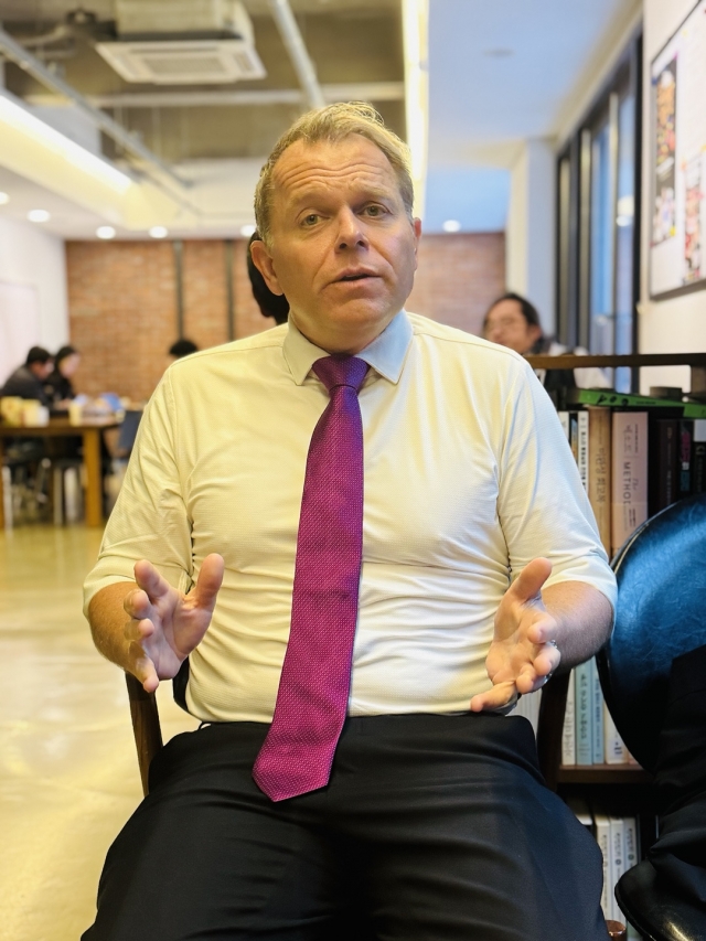 Ted Gover, director of the Tribal Administration Program at Claremont Graduate University and an expert on U.S.-Asia relations speaks in an interview with The Korea Herald at The Korea Herald headquarters in Yongsan-gu, Seoul. (Sanjay Kumar/ The Korea Herald)