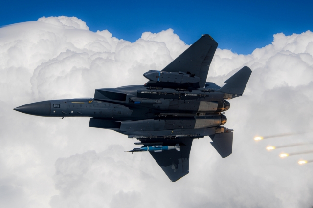 A South Korean Air Force F-15K fighter jet performs a maneuver in this undated photo. (Republic of Korea Air Force)