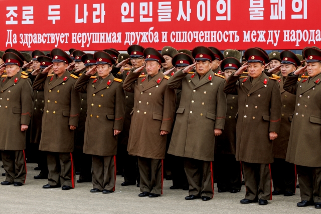 A welcome ceremony at Sunan International Airport marking the arrival of Russia's Defense Minister Belousov (not pictured). (TASS-Yonhap)