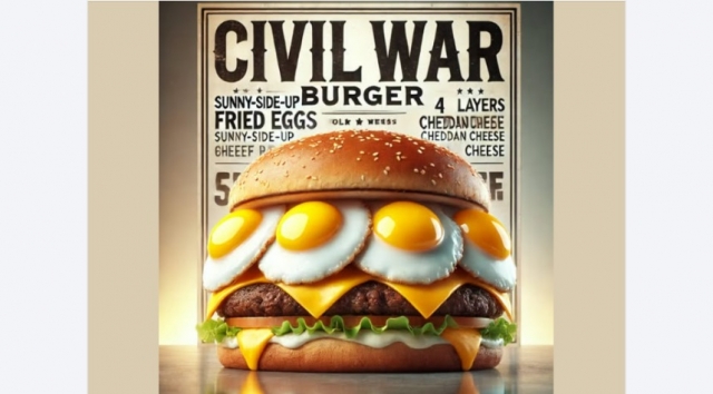 This AI-generated image circulating online shows the facetious “Civil War Burger,” poking fun at the suspected martial law plot by military commanders at a Lotteria branch in Ansan, Gyeonggi Province. (Yonhap)