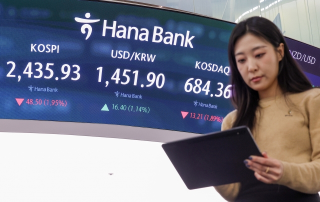 An electronic board showing the Korea Composite Stock Price Index at a dealing room of the Hana Bank headquarters in Seoul on Thursday. (Yonhap)