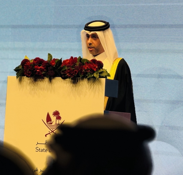 Qatari Ambassador to South Korea Khalid bin Ebrahim Al Hamar delivers remarks at Qatar National Day at Shilla Seoul in Jung-gu, Seoul on Monday. (Sanjay Kumar/ The Korea Herald)