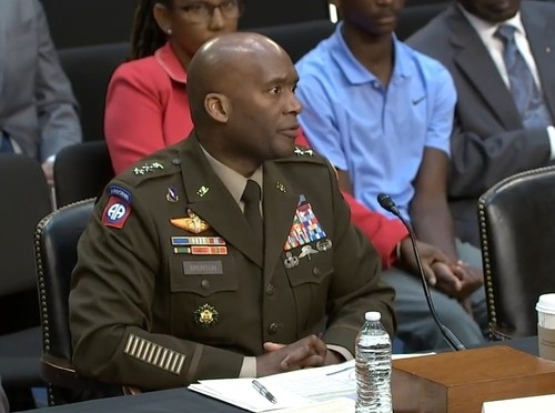 Gen. Xavier Brunson speaks during a confirmation hearing of the Senate Armed Services Committee in Washington on Sept. 17, in this photo captured from a livestream from the committee's website. (Yonhap)