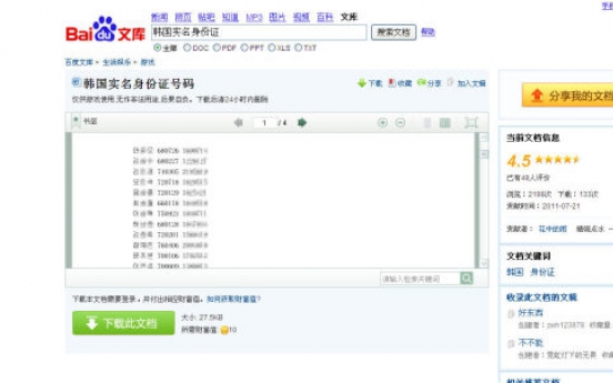 Korean national ID numbers spring up all over Chinese Web