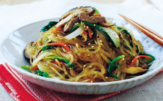 Japchae, (Stir-fried starch noodles with beef and vegetables)