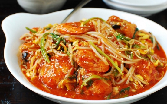 Agujjim (spicy braised monkfish with soybean sprouts)