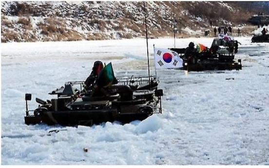 S. Korean mechanized troops stage frozen river crossing drill