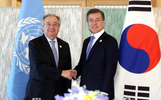 Moon, Guterres say PyeongChang Olympics will mark start of global peace