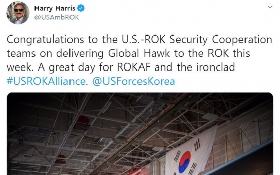 US amb. tweets on delivery of Global Hawk unmanned aircraft to S. Korea