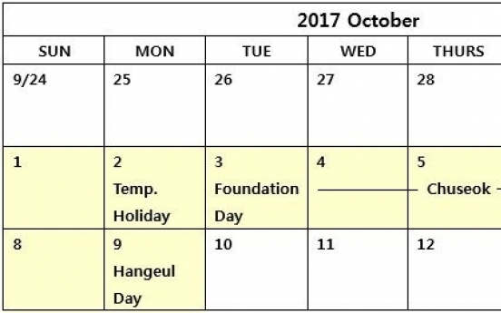 Oct. 2 designated by Blue House as a Chuseok-season holiday