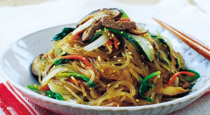 Japchae, (Stir-fried starch noodles with beef and vegetables)