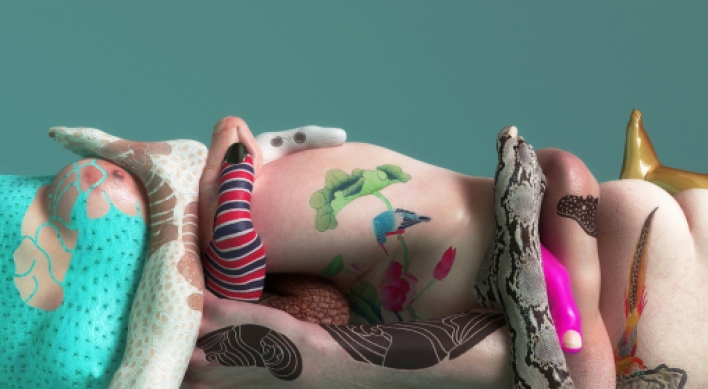 A collage of tattooed body parts