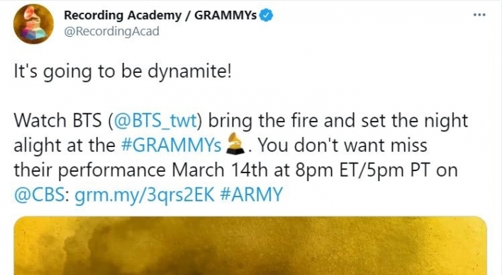 BTS to become 1st Korean nominee to perform at upcoming Grammy Awards
