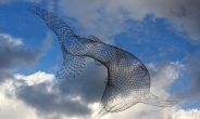 명동 하늘에 내걸린 상어 조각…팍팍한 일상에 한줄기 청량제