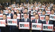 ‘야당 무시ㆍ협치 파괴’ 피켓 시위하는 한국당 의총