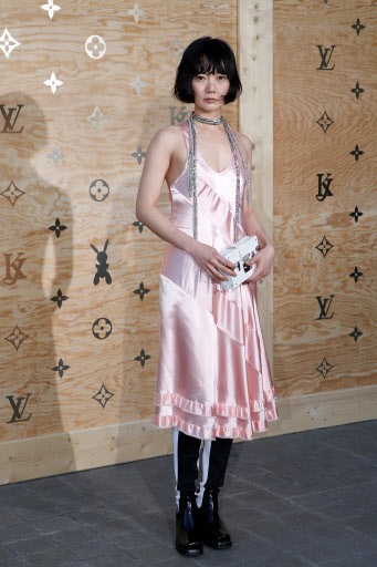 Bae Doo-na nails pink slip dress at Louis Vuitton event in Paris
