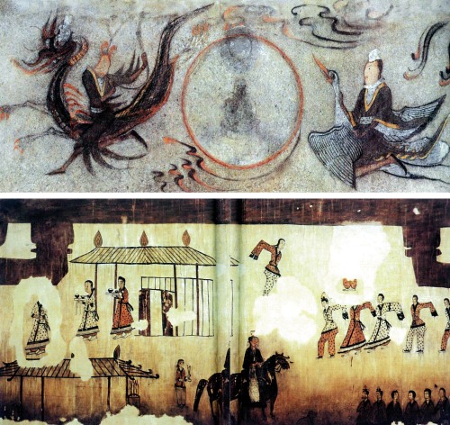 (Top) Mural of celestial maiden riding a crane, Ohoebun Tomb No. 4, from the 6th century.(Bottom) Dance scene from the Tomb of the Dancers, from late 4th to early 6th century.