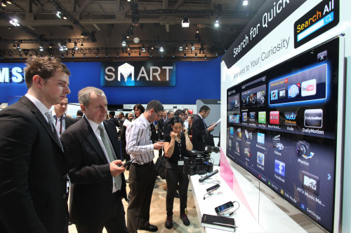 Smart TVs from Samsung Electronics on display at the Consumer Electronics Show in Las Vegas earlier this month. (Samsung Electronics)