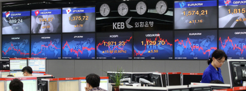Korea Exchange Bank workers monitor financial markets at a Seoul branch Monday. (Yonhap News)