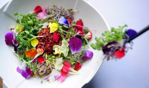 At Courtyard by Marriott Seoul Times Square’s MoMo Cafe, bibimbap gets a spring makeover with a liberal sprinkling of five different edible flowers. (Park Hae-mook/The Korea Herald)