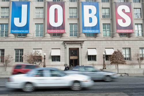 A banner reading “Jobs” hanging at the U.S. Chamber of Commerce in Washington, D.C. (AFP-Yonhap News)