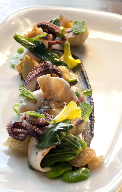 Monterey squid is served with smoked lentil, artichoke and blood orange at Plum in Oakland, where the menu changes daily. (Los Angeles Times/MCT)