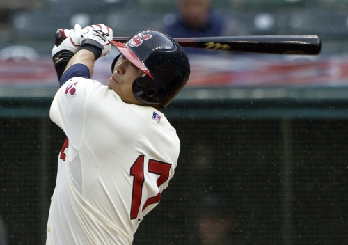 Cleveland Indians right fielder Choo Shin-soo hits a solo home run in the third inning. (AP-Yonhap News)