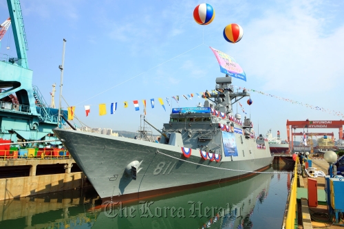 The new 2,300-ton frigate Incheon is launched at a shipyard of its builder, Hyundai Heavy Industries Co., in Ulsan on Friday. Hyundai Heavy Industries Co.The new 2,300-ton frigate Incheon is launched at a shipyard of its builder, Hyundai Heavy Industries Co., in Ulsan on Friday. (Hyundai Heavy Industries Co.)