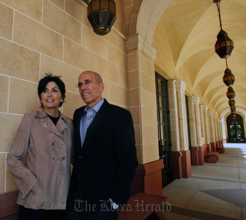 Marilyn and Jeffrey Katzenberg, CEO of DreamWorks Animation, stand outside the Marilyn and Jeffrey Katzenberg Center for Animation at the University of Southern California’s School of Cinematic Arts on the USC campus in Los Angeles, California. (MCT)