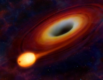 This artist's image provided by the University of Warwick shows a star being distorted by its close passage to a supermassive black hole at the center of a galaxy. (AP-Yonhap News)