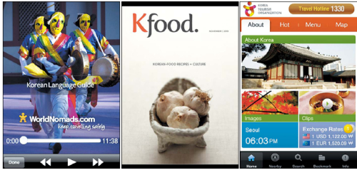 (From Left) World Nomads Korean Language Guide, Kfood Magazine, Visit Korea