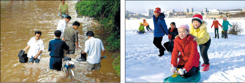 The left photo provided by North Korea’s state-run KCNA is believed to have been fabricated to exaggerate flooding. Experts suspect fabrication because of the way people’s legs neatly enter the water with their pants appearing completely dry above the water. Theright image, released by the KCNA this January, also has signs of manipulation. It is supected that four children in the backgroundhave been artificially inserted into the photo. (Yonhap News)