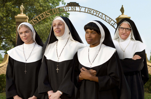 Even the ever-patient and understanding nuns of Sisters of Mercy Orphanage (from left: Kate Upton, Jane Lynch, Jennifer Hudson, Larry David) find it difficult to manage the antics of their longtime charges in “The Three Stooges.” (Twentieth Century Fox/MCT)