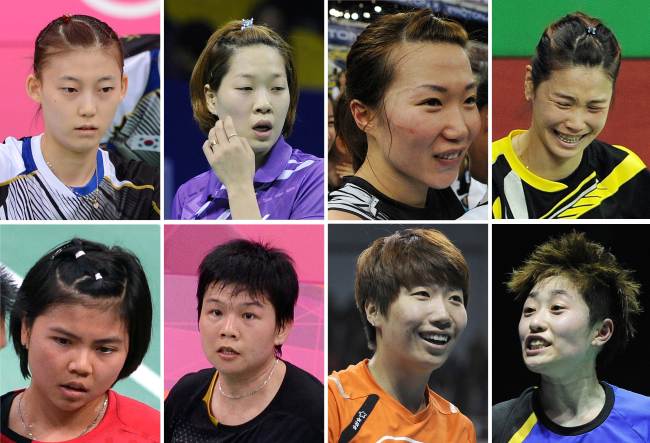 The eight badminton players who were disqualified: (top row) Korea’s Kim Ha-na, Ha Jung-eun, Kim Min-jung and Jung Kyung-eun. (bottom row) Indonesia’s Greysia Polii and Meiliana Jauhari; and China’s Wang Xiaoli and Yu Yang. (AFP-Yonhap News)