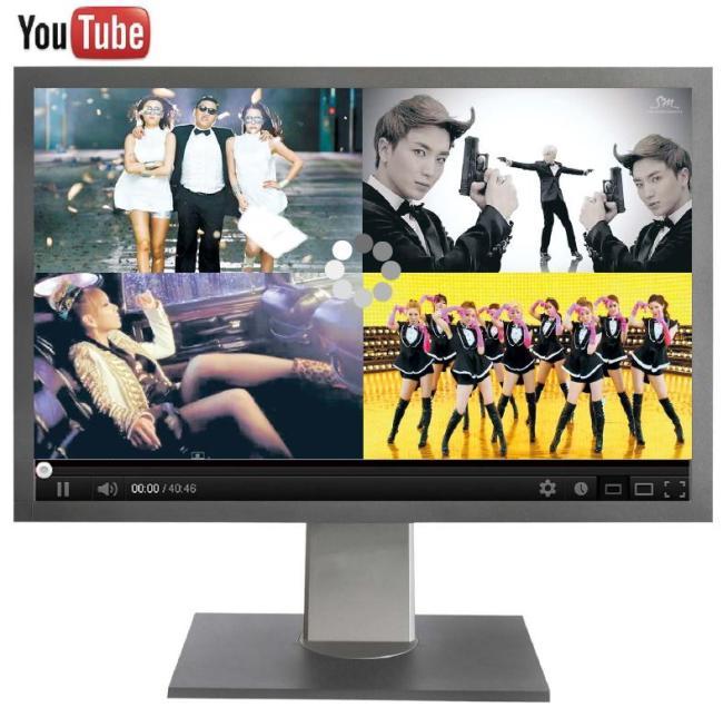 Screen captures of K-pop music videos on YouTube show (from top left, clockwise) Psy’s “Gangnam Style,” Super Junior’s “Spy,” Girls’ Generation’s “Paparazzi” and 2NE1’s “I Love You.” (YouTube)