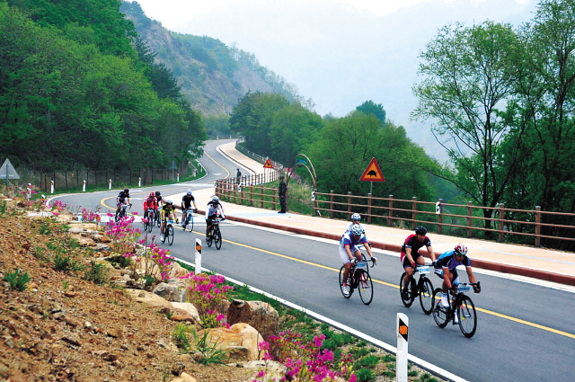 Participants in the DMZ Rally Peace Bike Competition cycle in Hwacheon-gun, Gangwon Province, earlier this month. (Yonhap News)