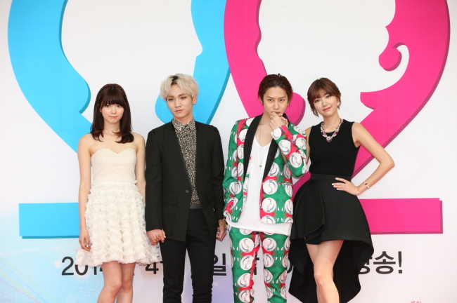Cast members of the second season of MBC’s “We Got Married ― Global Edition” pose at a press conference at the MBC Dream Center in Ilsan, Gyeonggi Province, on Thursday. From left: Japanese model Yagi Arisa, Key from SHINee, Kim Hee-chul from Super Junior and Taiwanese singer-actress Puff from Dream Girls. (MBC)