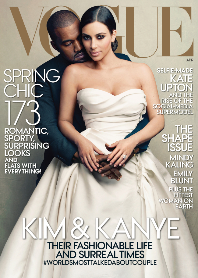 Rapper Kanye West and TV personality Kim Kardashian on the April cover of high-fashion magazine Vogue (AP-Yonhap)