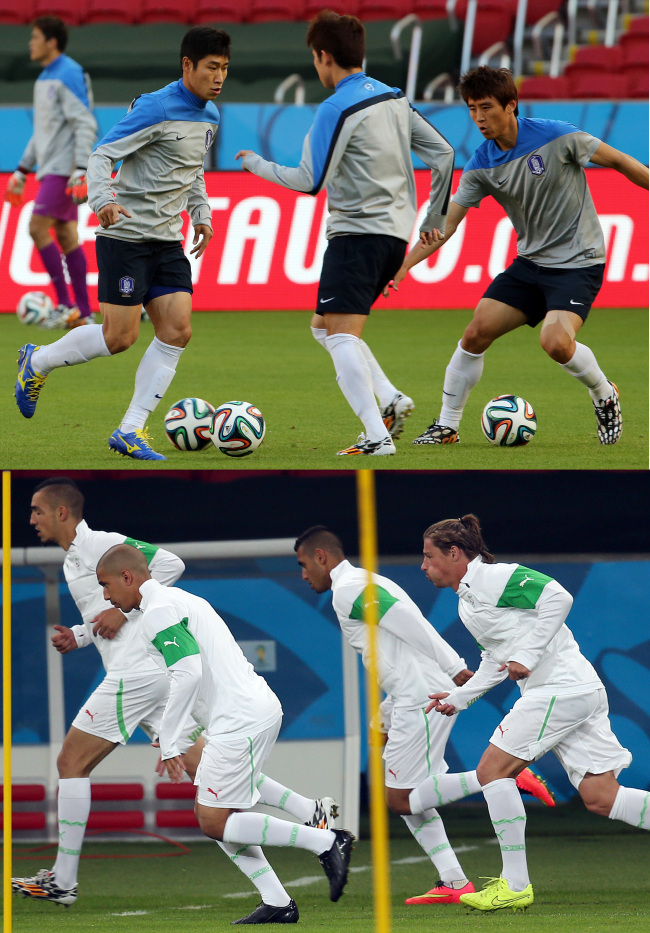 Team Korea (top) and Team Algeria attend soccer practice at Estadio Beira-Rio on Saturday in local time. (Yonhap)