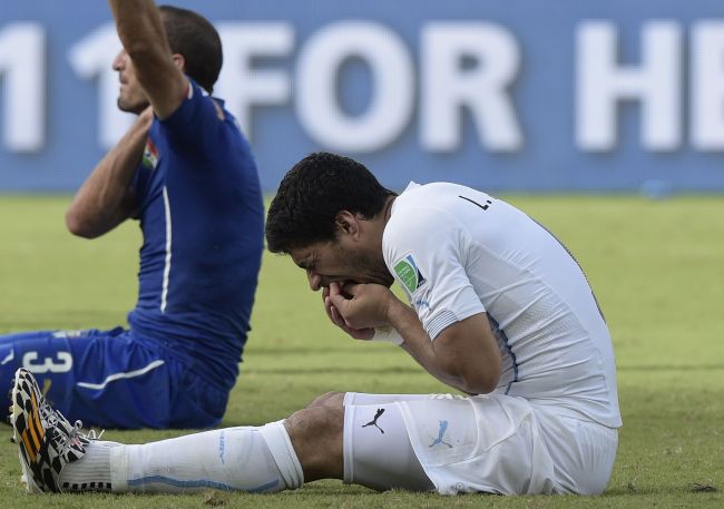 Uruguay forward Luis Suarez (front) puts his hand to his mouth after clashing with Italy defender Giorgio Chiellini. (AFP-Yonhap)